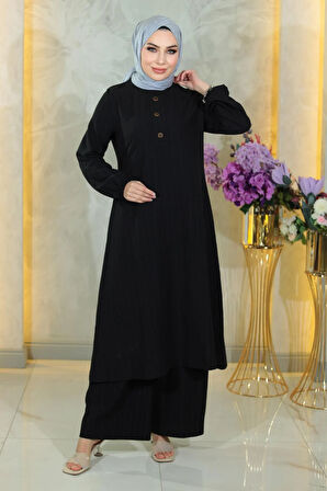 Düğmeli Tesettür Takım Siyah MSW10358-1