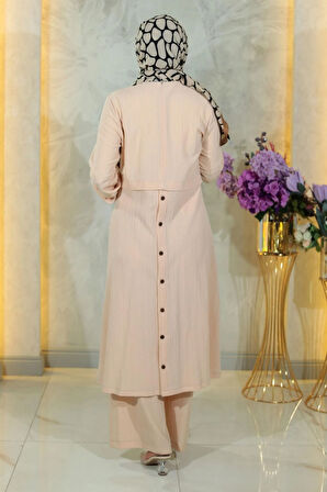 Düğmeli Tesettür Takım Bej MSW10358-3