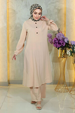 Düğmeli Tesettür Takım Bej MSW10358-3