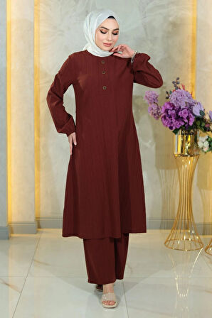 Düğmeli Tesettür Takım Kahverengi MSW10358-4