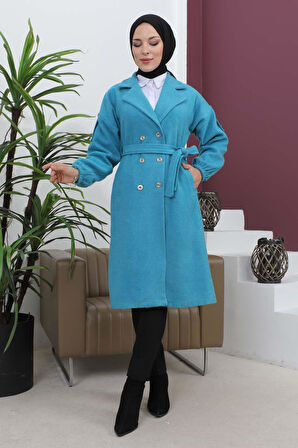 Düğme Detaylı Kaşe Kaban Mavi MSW19247-1