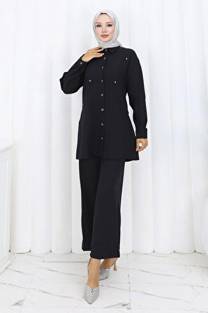 Minimal Taşlı Takım Siyah 19367