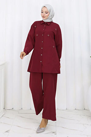 Minimal Taşlı Takım Bordo 19367