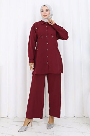 Minimal Taşlı Takım Bordo 19367