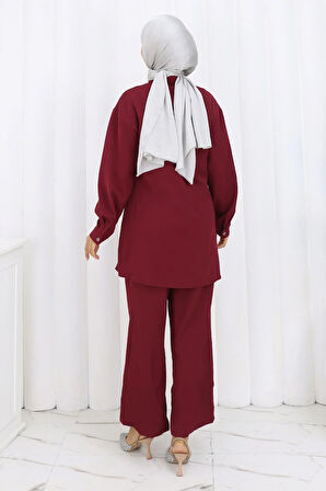 Minimal Taşlı Takım Bordo 19367