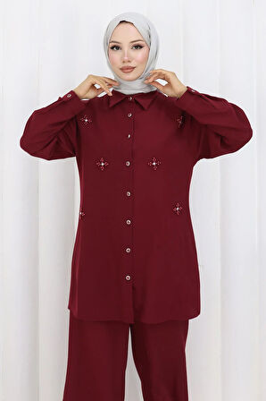 Minimal Taşlı Takım Bordo 19367