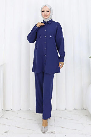 Minimal Taşlı Takım İndigo 19367