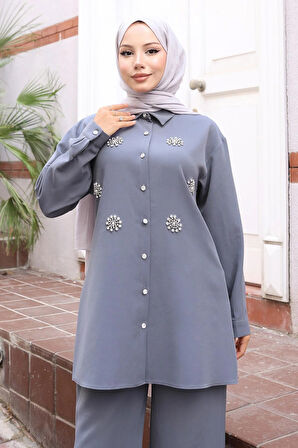 Parıltı Taş Detaylı Takım Gri 19264