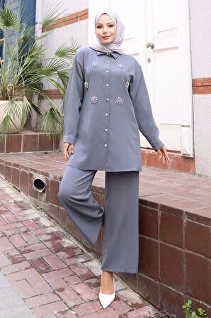 Parıltı Taş Detaylı Takım Gri 19264