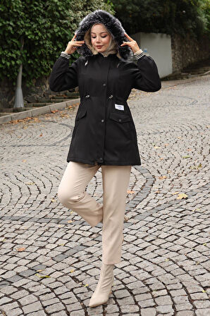 Fermuarlı Kapşonlu Mont Siyah 19270