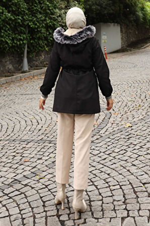 Fermuarlı Kapşonlu Mont Siyah 19270