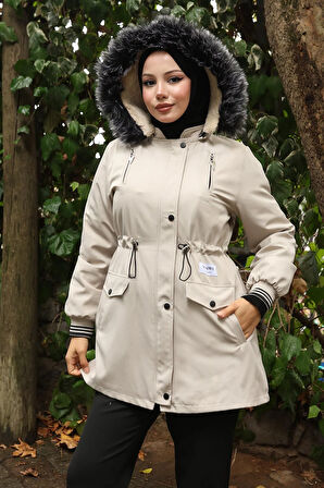 Fermuarlı Kapşonlu Mont Bej 19270