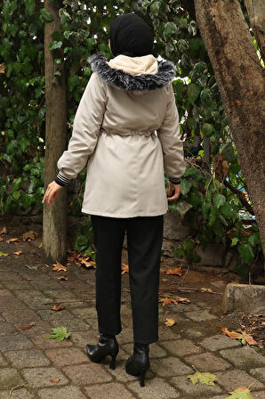 Fermuarlı Kapşonlu Mont Bej 19270