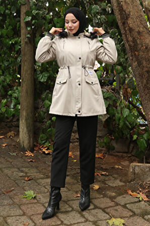 Fermuarlı Kapşonlu Mont Bej 19270