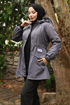 Fermuarlı Kapşonlu Mont Gri 19270