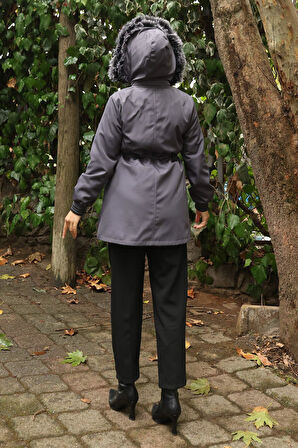 Fermuarlı Kapşonlu Mont Gri 19270