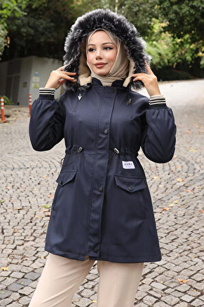 Fermuarlı Kapşonlu Mont Lacivert 19270