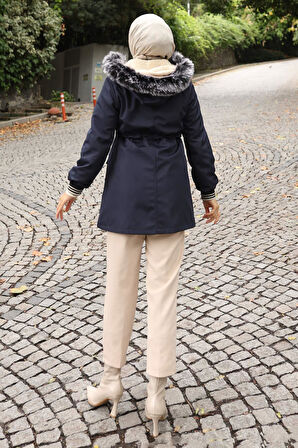 Fermuarlı Kapşonlu Mont Lacivert 19270