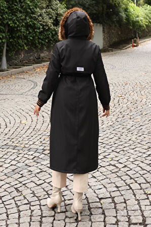 Kürk Yakalı Beli Bağcıklı Mont Siyah 19269