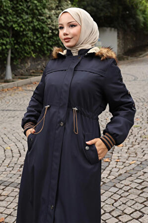 Kürk Yakalı Beli Bağcıklı Mont Lacivert 19269