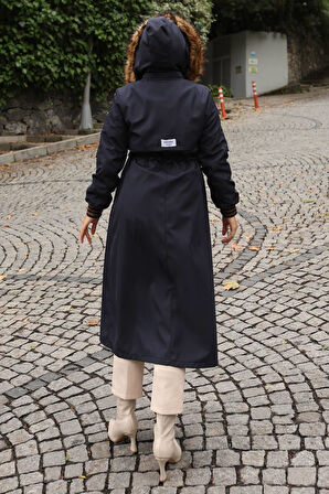 Kürk Yakalı Beli Bağcıklı Mont Lacivert 19269