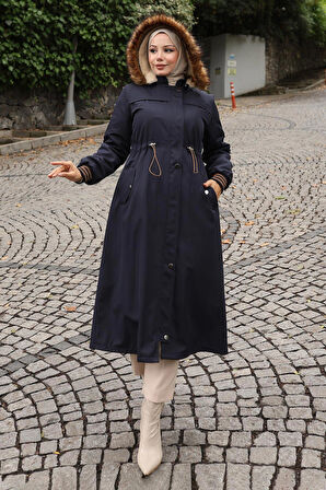 Kürk Yakalı Beli Bağcıklı Mont Lacivert 19269