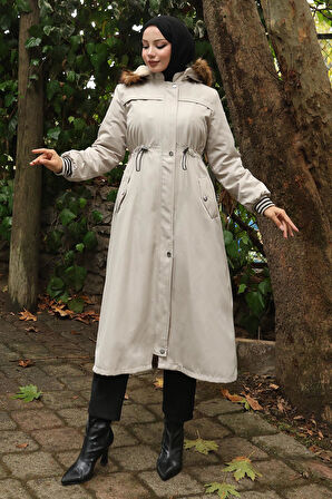 Kürk Yakalı Beli Bağcıklı Mont Bej 19269