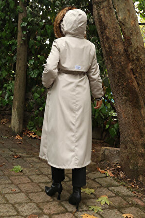 Kürk Yakalı Beli Bağcıklı Mont Bej 19269