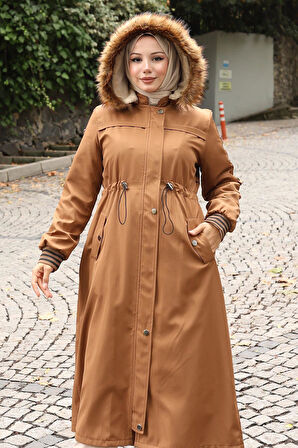 Kürk Yakalı Beli Bağcıklı Mont Taba 19269