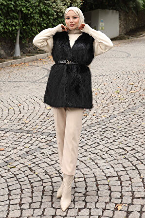 Kemerli Kürklü Yelek Siyah 19372