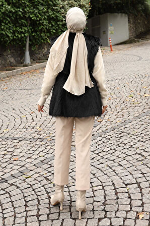 Kemerli Kürklü Yelek Siyah 19372