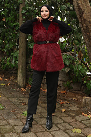 Kemerli Kürklü Yelek Bordo 19372