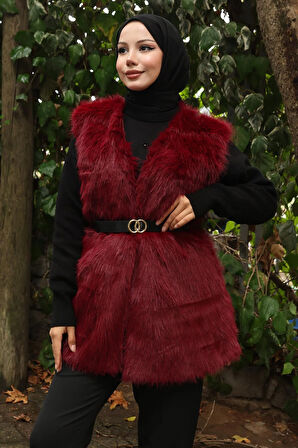 Kemerli Kürklü Yelek Bordo 19372