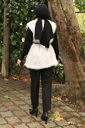 Kemerli Kürklü Yelek Beyaz 19372