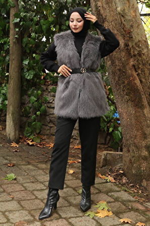 Kemerli Kürklü Yelek Gri 19372