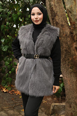 Kemerli Kürklü Yelek Gri 19372