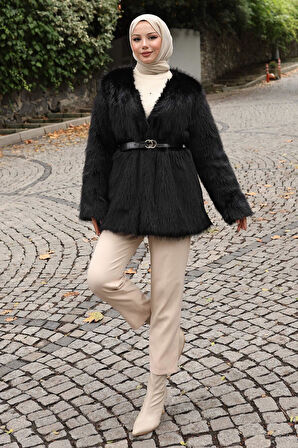 Kemerli Kürklü Ceket Siyah 19278