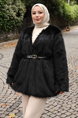 Kemerli Kürklü Ceket Siyah 19278