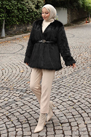 Kemerli Kürklü Ceket Siyah 19278