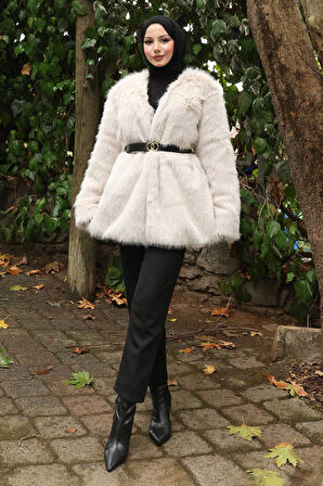 Kemerli Kürklü Ceket Beyaz 19278