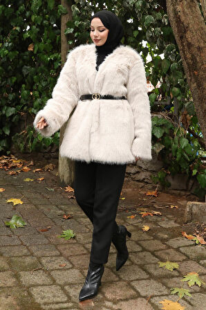 Kemerli Kürklü Ceket Beyaz 19278