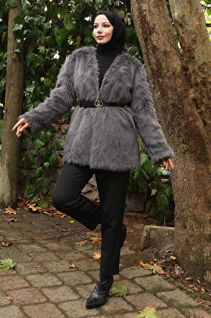 Kemerli Kürklü Ceket Gri 19278