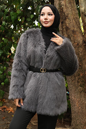 Kemerli Kürklü Ceket Gri 19278
