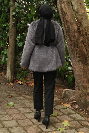 Kemerli Kürklü Ceket Gri 19278