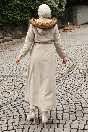 Arma Detaylı Kapşonlu Mont Bej 19268