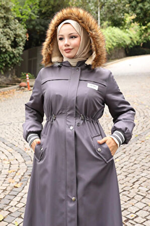 Arma Detaylı Kapşonlu Mont Gri 19268