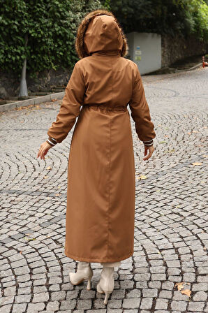 Arma Detaylı Kapşonlu Mont Taba 19268