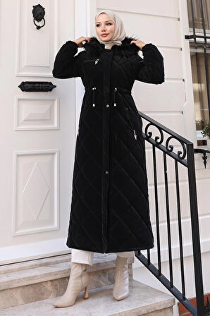 Fermuarlı Kapşonlu Kapitone Mont Siyah 19277