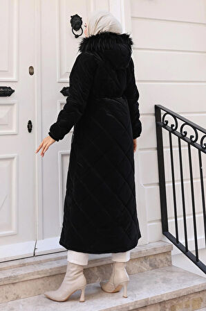 Fermuarlı Kapşonlu Kapitone Mont Siyah 19277