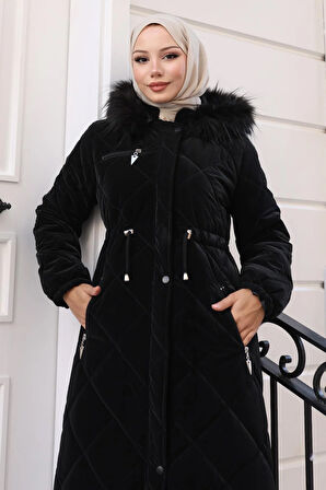 Fermuarlı Kapşonlu Kapitone Mont Siyah 19277